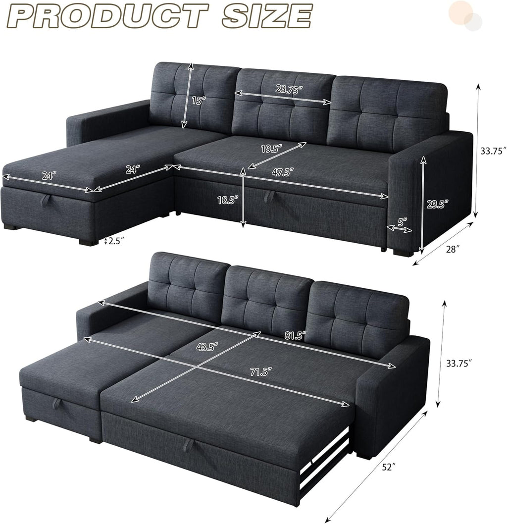 L Shaped Sleeper Sofa with Pull Out Bed and Storage, Dark Grey N88197