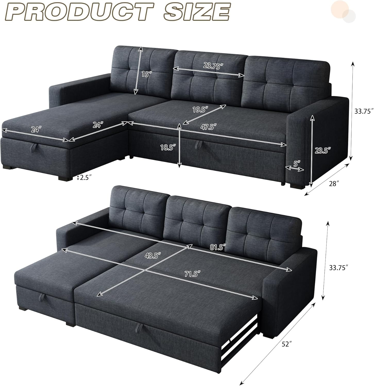 L Shaped Sleeper Sofa with Pull Out Bed and Storage, Dark Grey N88197