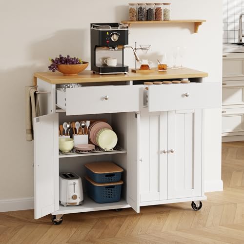 Shintenchi Kitchen Island with Drop Leaf, Rolling Cart with Storage, White T972