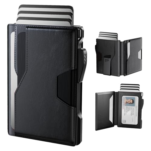 typecase Wallet for Men: Rfid Blocking Wallet 9-13 Card Capacity with Money Clip Slim Leather Front Pocket Smart Pop Up Card Case Bifold Minimalist Wallet with Gift Box - Alaska Black