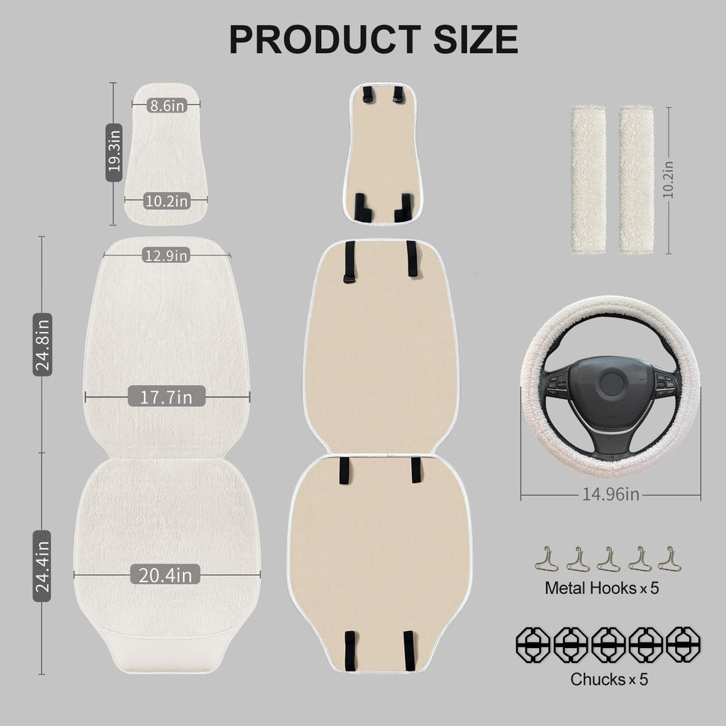 2 Pack Short Plush Sheepskin Car Front Seat Cover Set with Steering Wheel Cover and Seat Belt Pad, White L102223