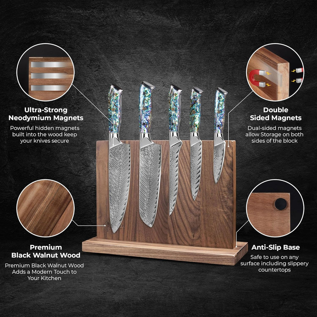 SENKEN 5-Piece Damascus Steel Knife Set with Walnut Magnetic Knife Block H191