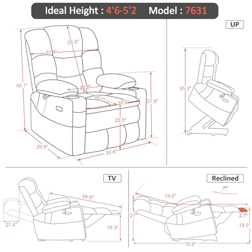 MCombo Large Triple Motor Power Lift Recliner Chair with Massage and Dual Heating, Grey D316