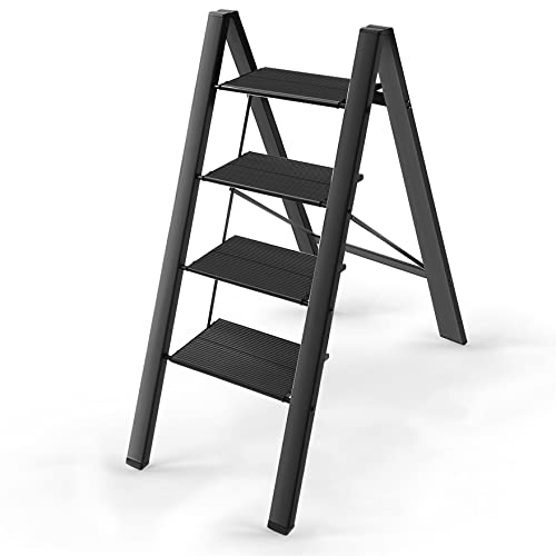 4 Step Aluminium Folding Ladder, Step Ladder with Wide Anti-Slip Thickened Pedal Lightweight Portable Step Stool for Household & Office, 330 Lbs Capacity, Black