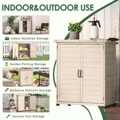 AECOJOY Outdoor Storage Cabinet with Waterproof Metal Tabletop and Removable Shelves, Beige B425