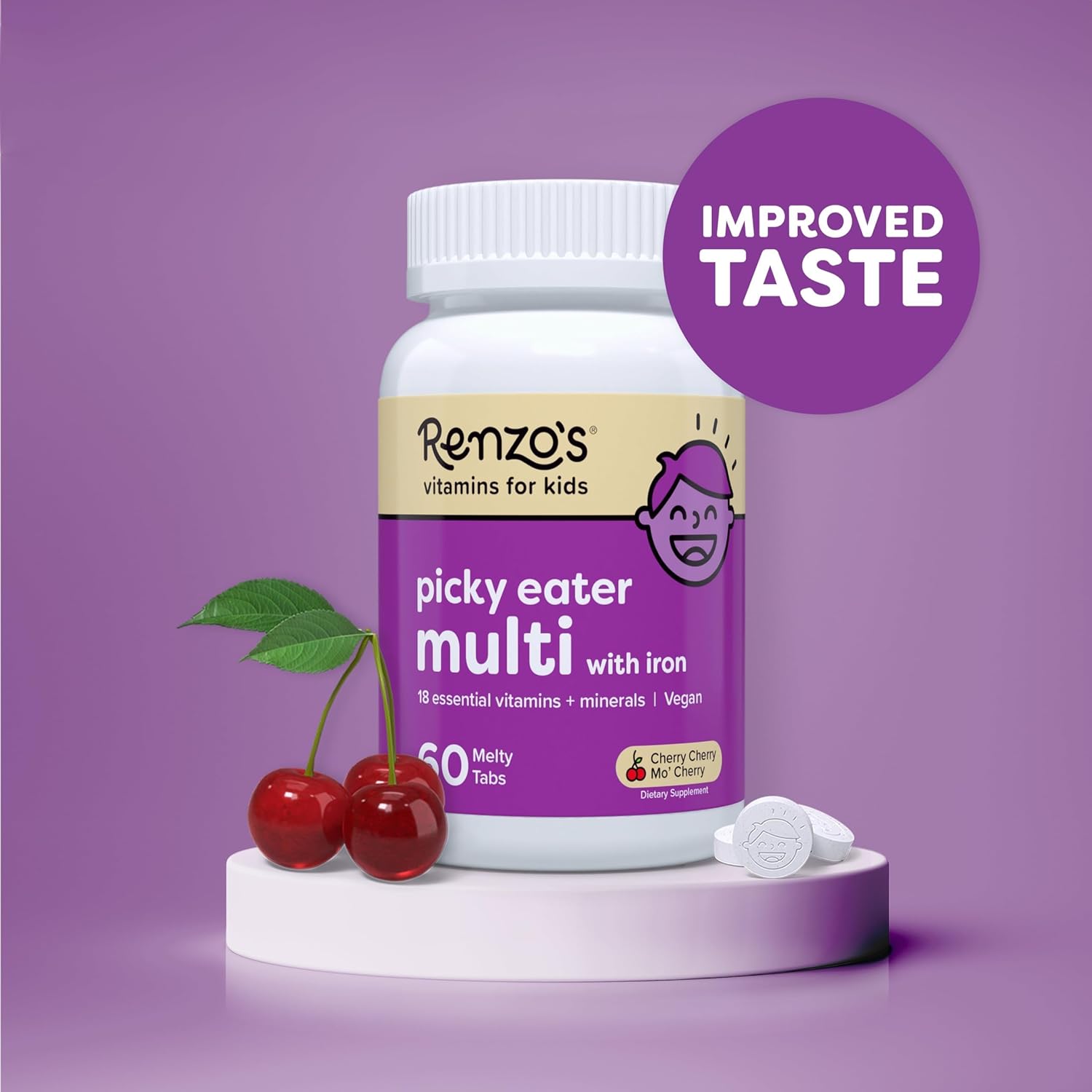 Renzo's Picky Eater Kids Multivitamin with Iron - Dissolving Sugar-Free Melty Tabs, Cherry Flavor R8256