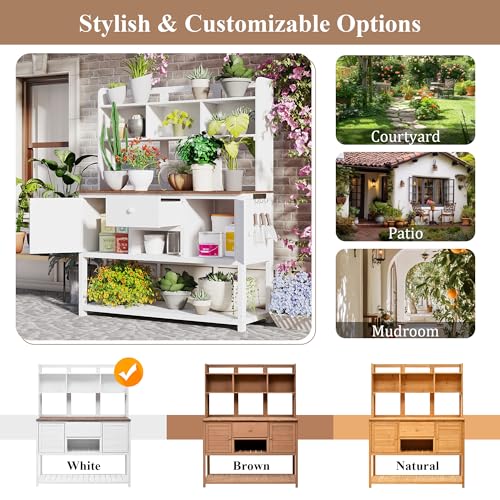 Outdoor Wooden Potting Bench Table with Drawers and Storage Shelves C672480