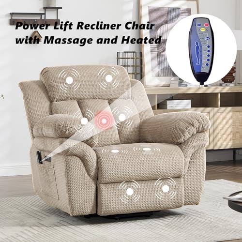 CANMOV 46" Wide Power Lift Recliner Chair for Elderly, with Massage and Heat, Light Brown K346927