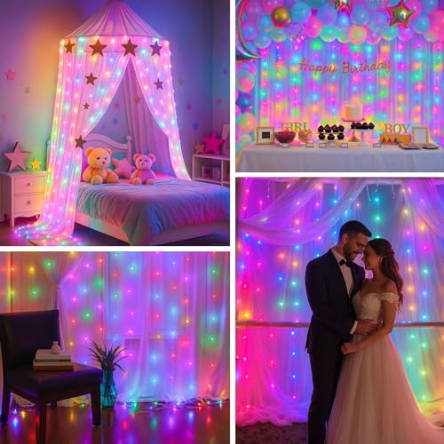 DomeStar 300 LED Fairy Curtain Lights, 9.8ft x 9.8ft, Battery Operated, Remote, Waterproof, Blue E40014