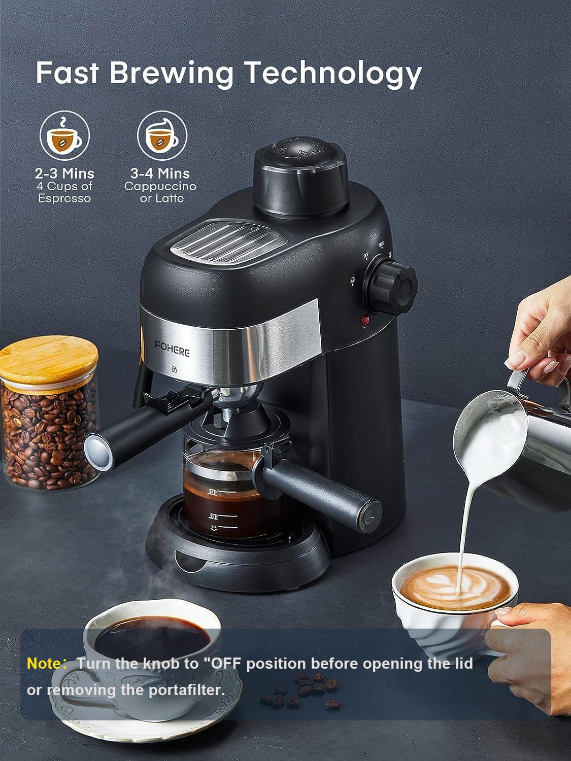 FOHERE Steam Espresso Machine, 3.5 Bar, Compact Cappuccino Maker with Milk Frother D619707
