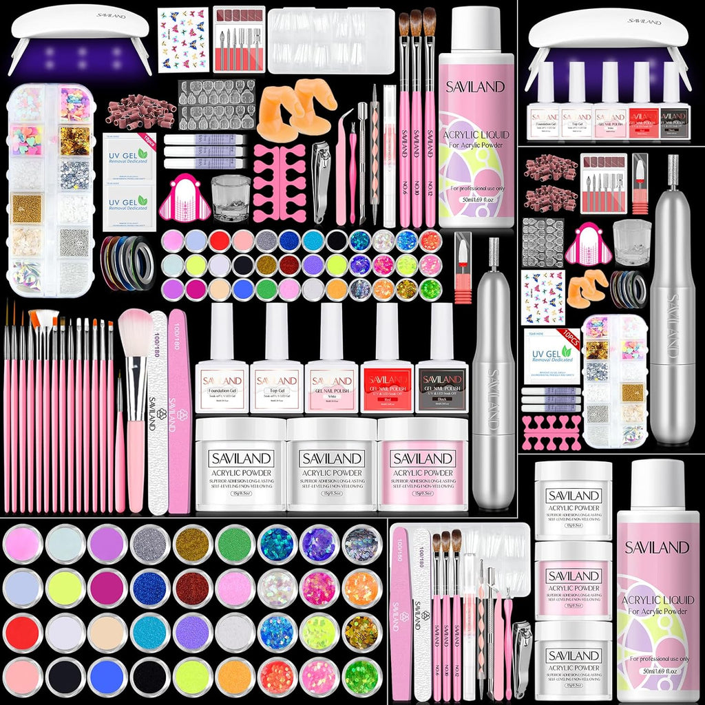 SAVILAND Acrylic Nail Kit with Drill: Professional Nail Kit Acrylic Set for Beginners with Everything Acrylic Powder Monomer Liquid Gel Nail Polish Nail Decoration U V Nail Light Gift Home Salon