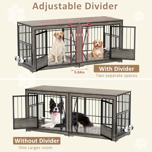 86 in Double Dog Crate Furniture with Divider, Heavy Duty Wooden Kennel for Large Dogs, Brown P52672