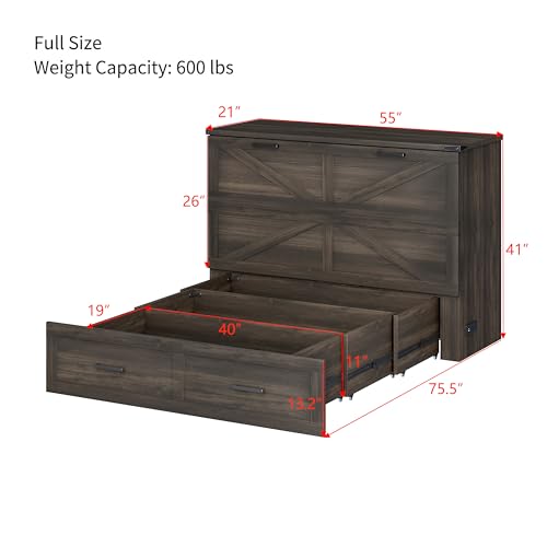 Murphy Cabinet Bed Frame with Charging Station, Full-Size Foldable Wall Bed Z526