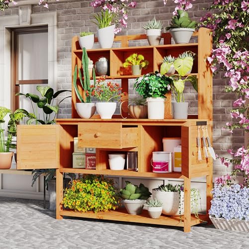 Outdoor Wooden Potting Bench Table with Drawers and Storage Shelves C672480