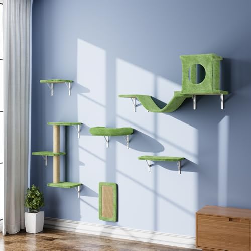 NUNU LAB Wall Mounted Cat Furniture, 7 Pcs Cat Wall Shelves with House, Gray T582052