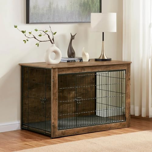Wooden Dog Crate End Table for Large Indoor Use, Rustic Brown B947201