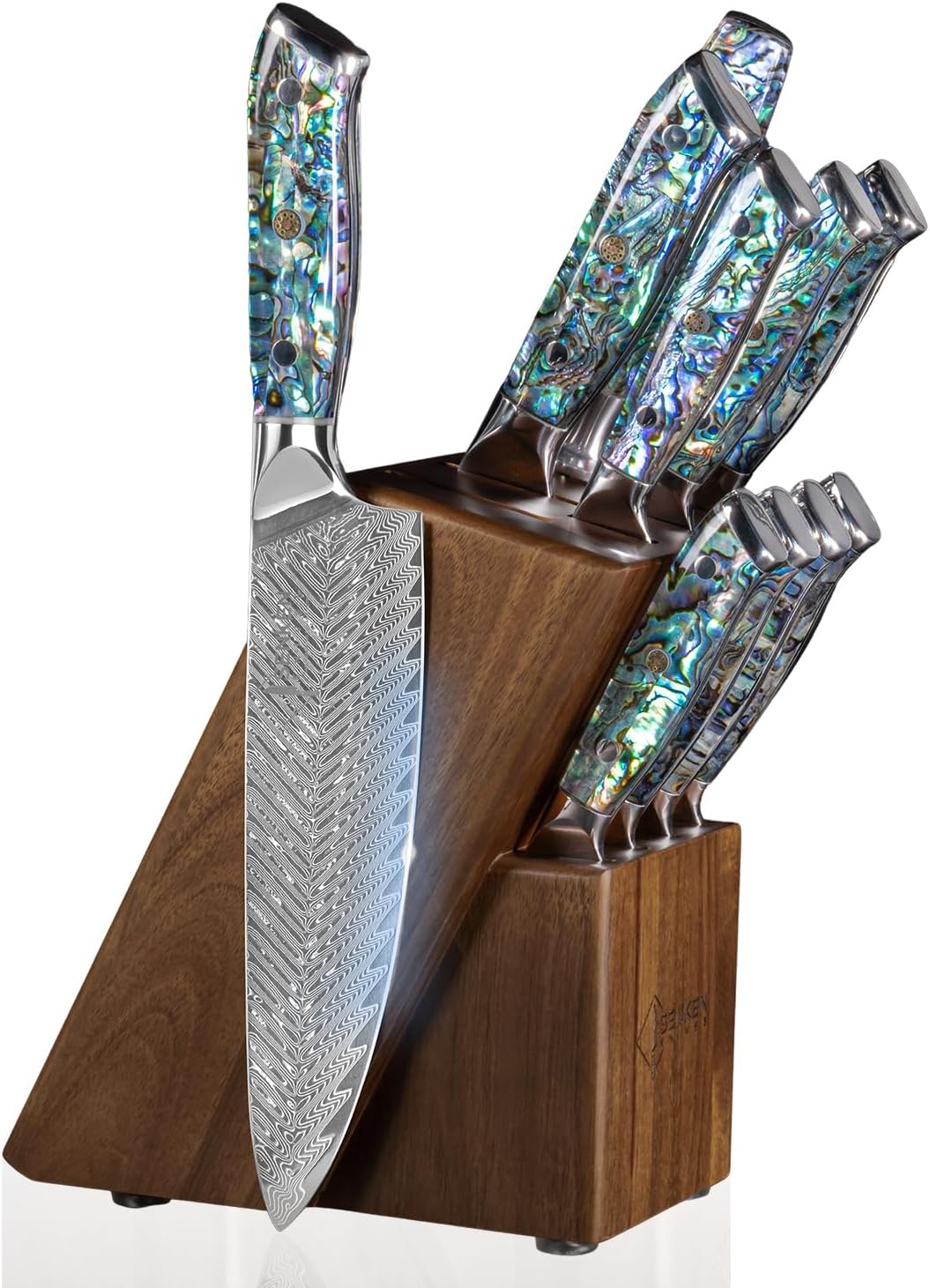 SENKEN 11-Piece Damascus Knife Block Set with Abalone Shell Handle - "Umi" Collection Japanese Chef Knife Set - 67-Layer Japanese VG10 Steel, Chef Knife, Paring Knife, 4 Matching Steak Knives & More