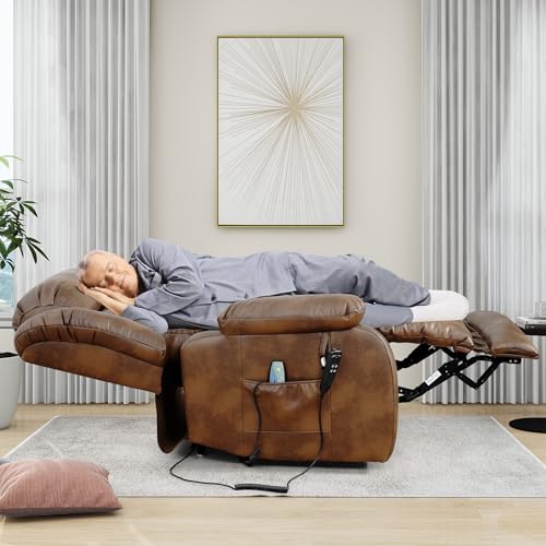 EDILLY Genuine Leather Power Lift Recliner Chair with Massage and Heating, Brown C901