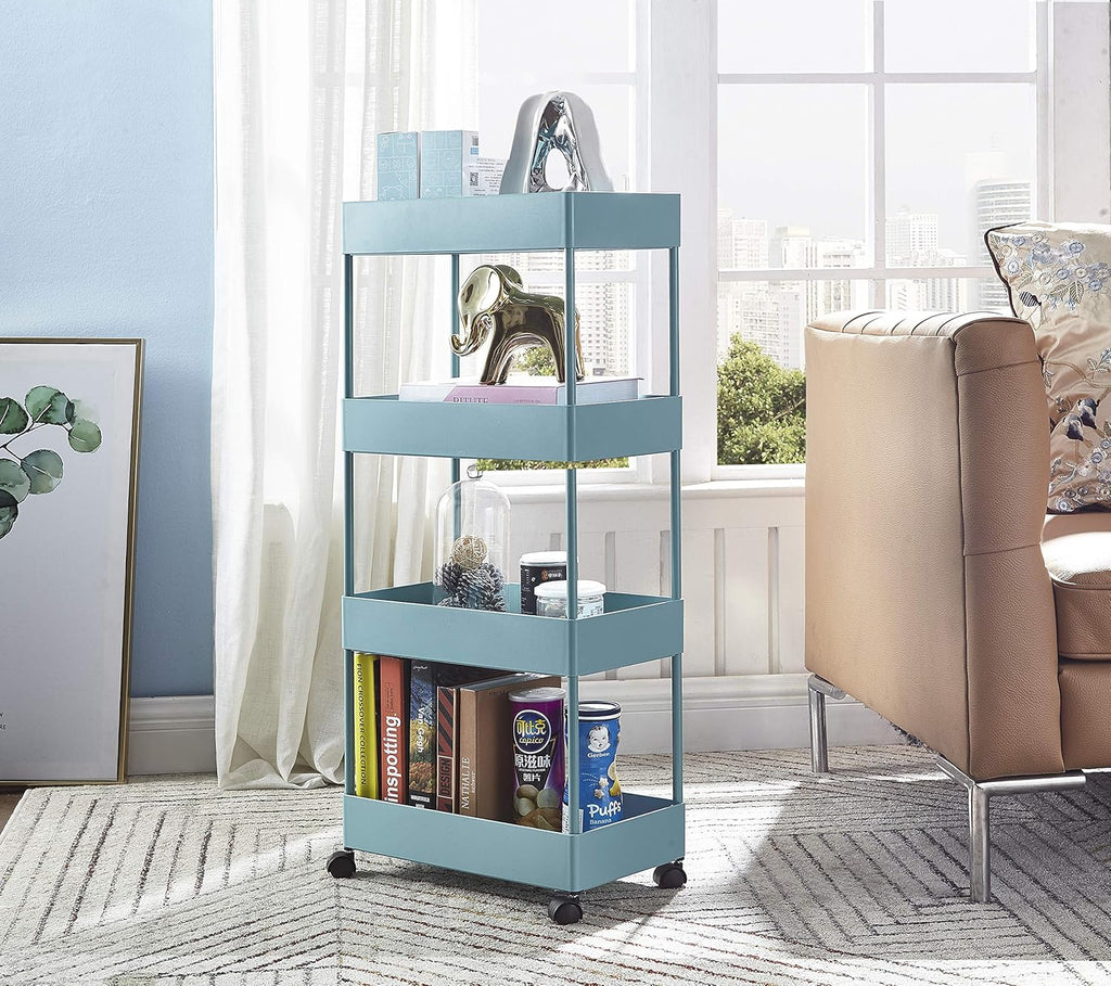 4-Tier Plastic Rolling Storage Cart with Slim Shelves, Blue N270