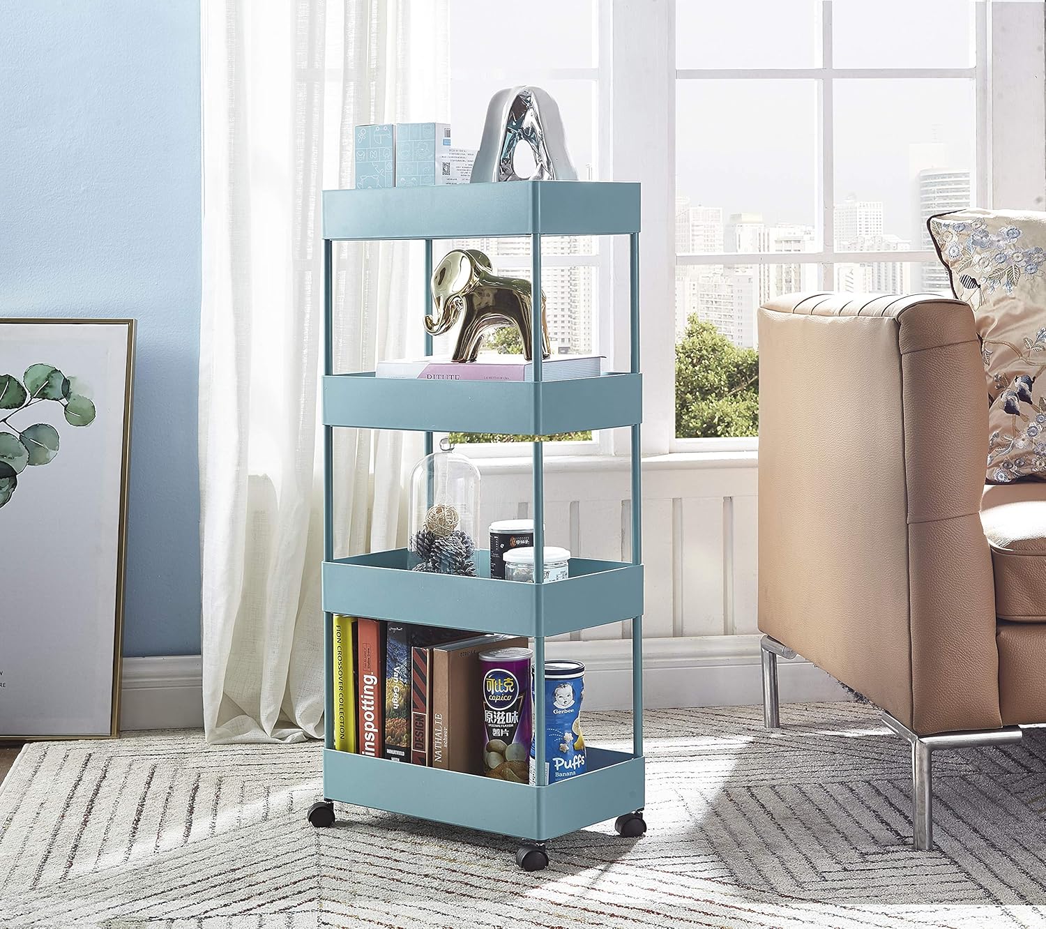 4-Tier Plastic Rolling Storage Cart with Slim Shelves, Blue N270