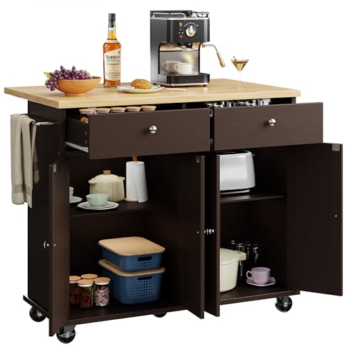 Shintenchi Kitchen Island with Drop Leaf, Rolling Cart with Storage, White T972