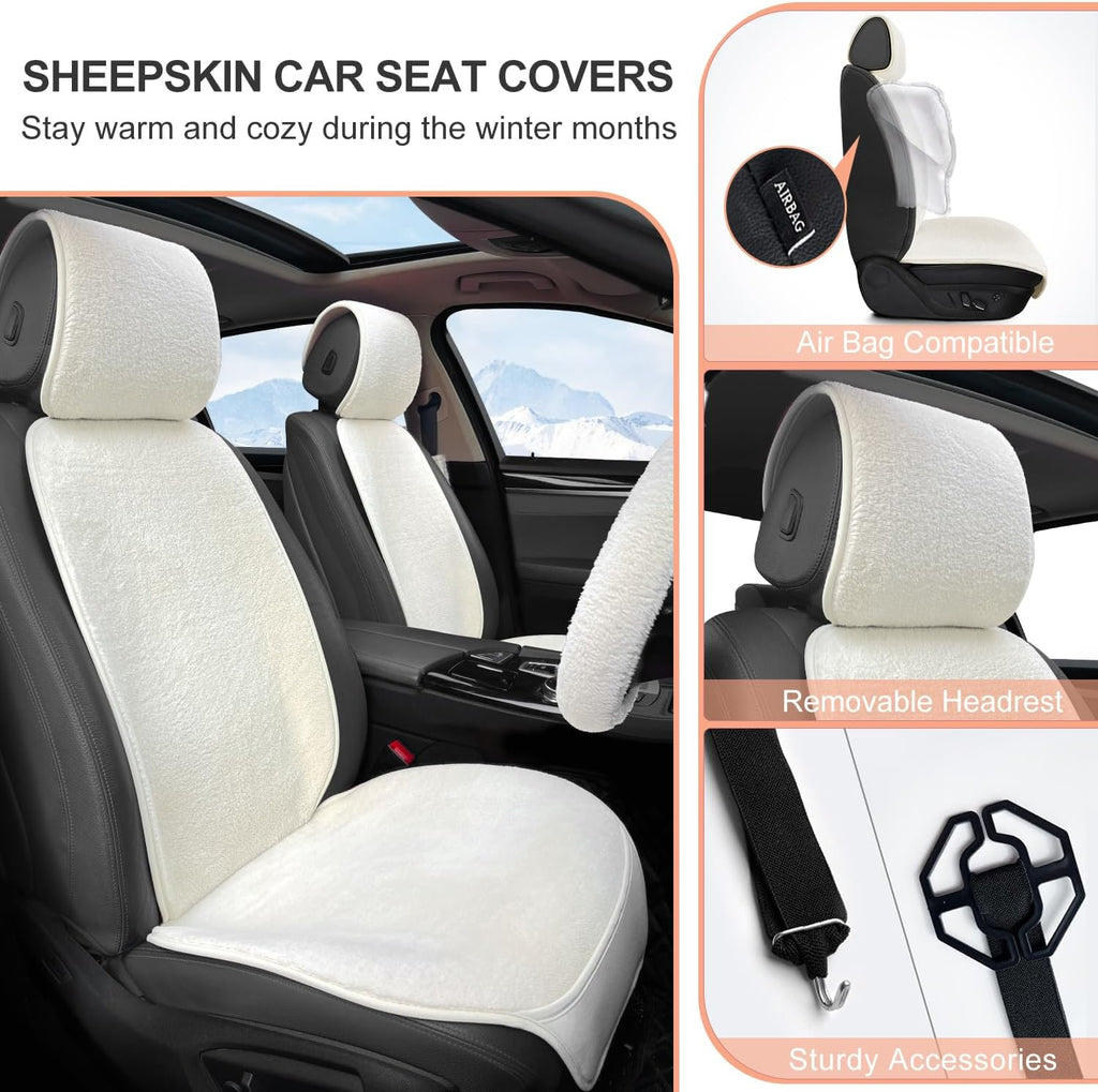 2 Pack Short Plush Sheepskin Car Front Seat Cover Set with Steering Wheel Cover and Seat Belt Pad, White L102223