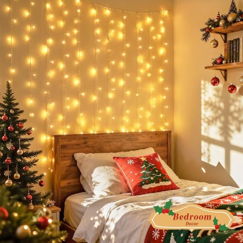 JMEXSUSS 200 LED Christmas Curtain Lights, Warm White, Battery & USB Powered W573