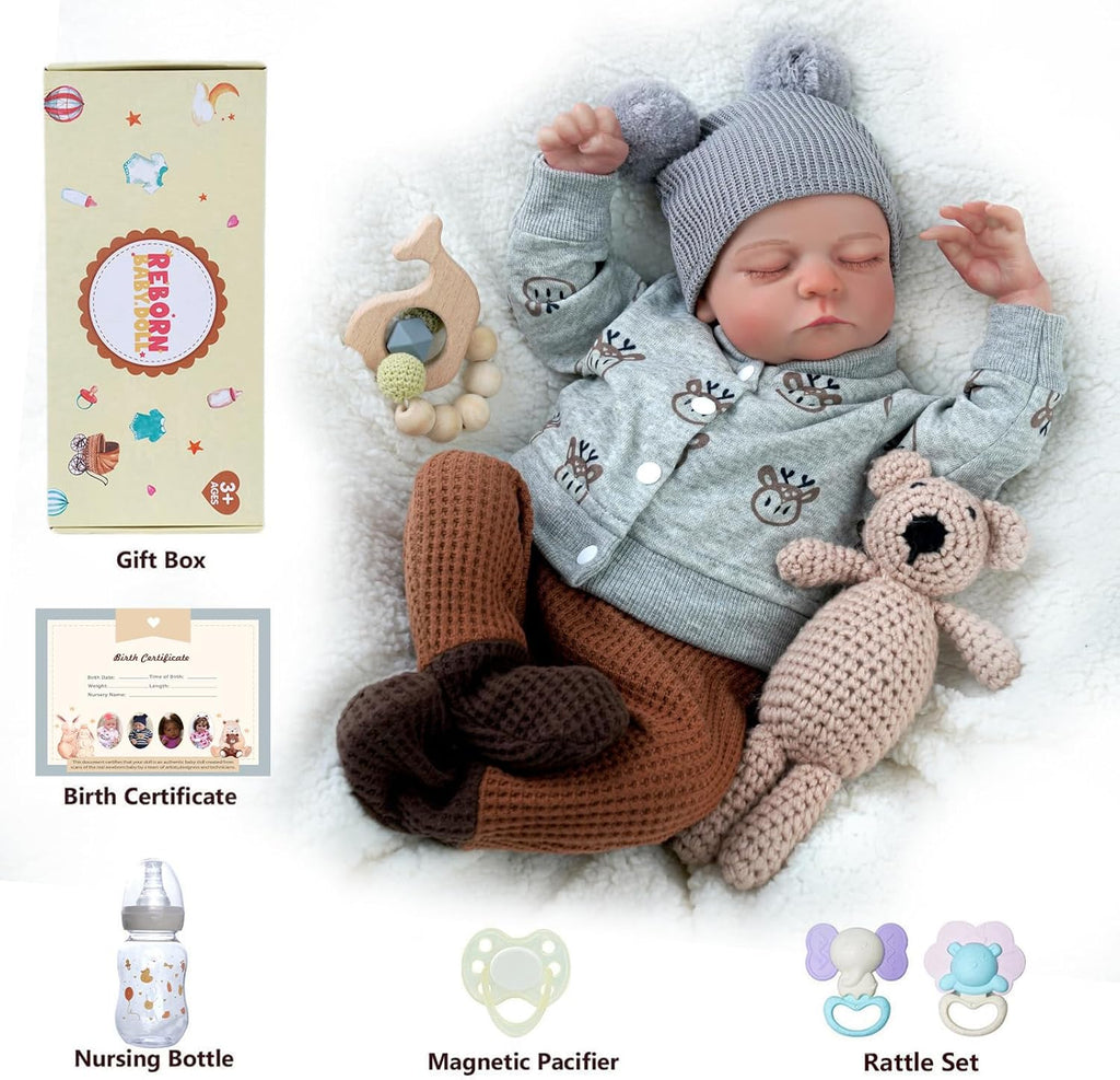 ADFO Lifelike Reborn Baby Dolls Boy 17-Inch Soft Body Realistic Newborn Vinyl with Toy Accessories T321