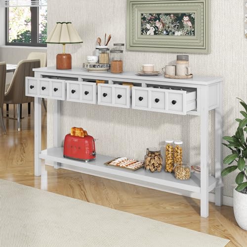 YUNLife Sideboard Console Table with 2 Drawers and Bottom Shelf, Farmhouse Wood/Glass Buffet Storage Cabinet for Living Room, Entryway and Kitchen