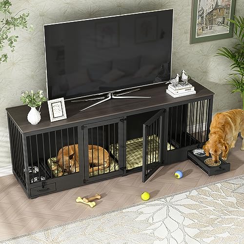 Large Wooden Dog Crate for 2 Dogs with Bowl Drawers, White F986