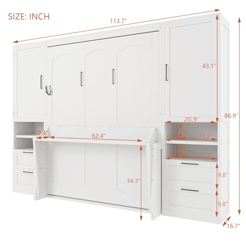 Ball & Cast Murphy Bed Queen Size Wall Chest with Charging Station and Storage Drawer, Gray J8503