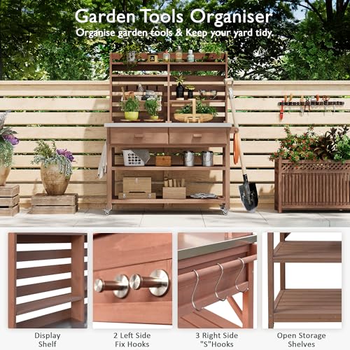 Outdoor Wooden Potting Bench Table with Drawers and Storage Shelves C672480