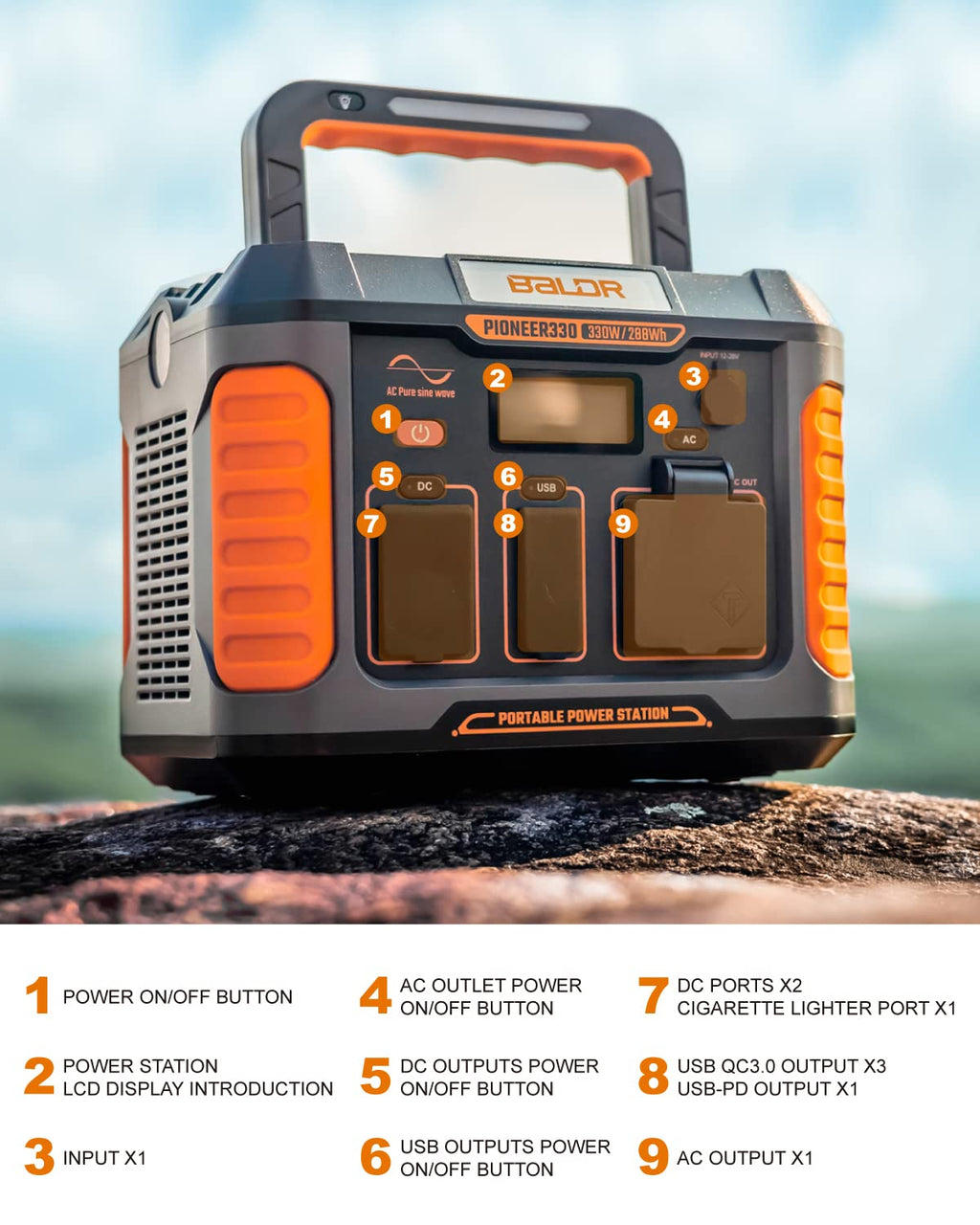 BALDR Portable Power Station 330W Solar Generator with 120V AC Outlet C307