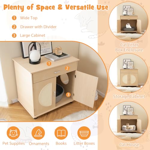 Tangkula Cat Litter Box Enclosure with Storage Shelf and Scratching Doors X93149
