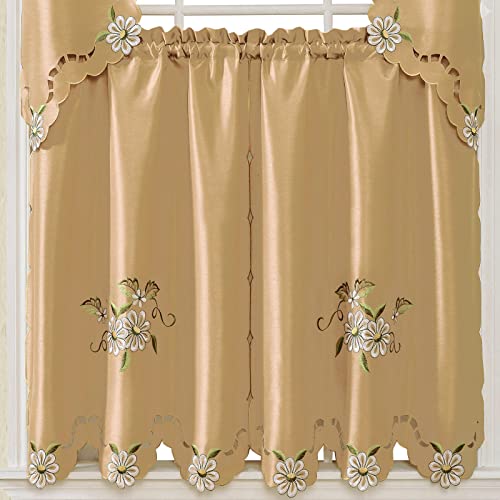 GOHD Cutwork Floral Kitchen Curtain Set with Swag Valance and Tier in Bronze R463