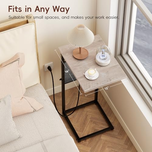 Vagusicc C Shaped End Table with Charging Station, Adjustable Height, Brown C747005