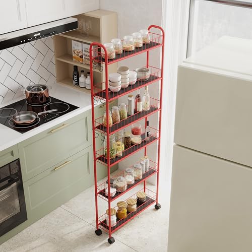6-Tier Wire Storage Cart with Wheels for Small Spaces, Red Q62999