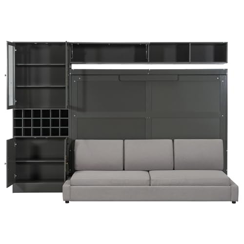 MERITLINE Queen Murphy Bed with Couch and Storage Shelves, LED Light, White J578