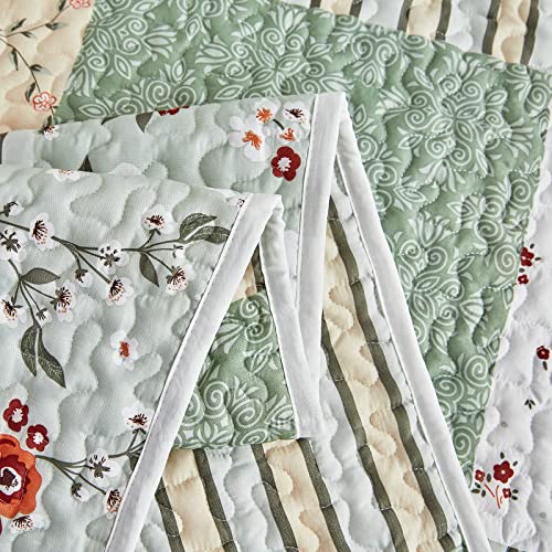 Patchwork Quilt Set Full/Queen, 3 Pieces Green Floral Plaid Microfiber Bedspread P67042