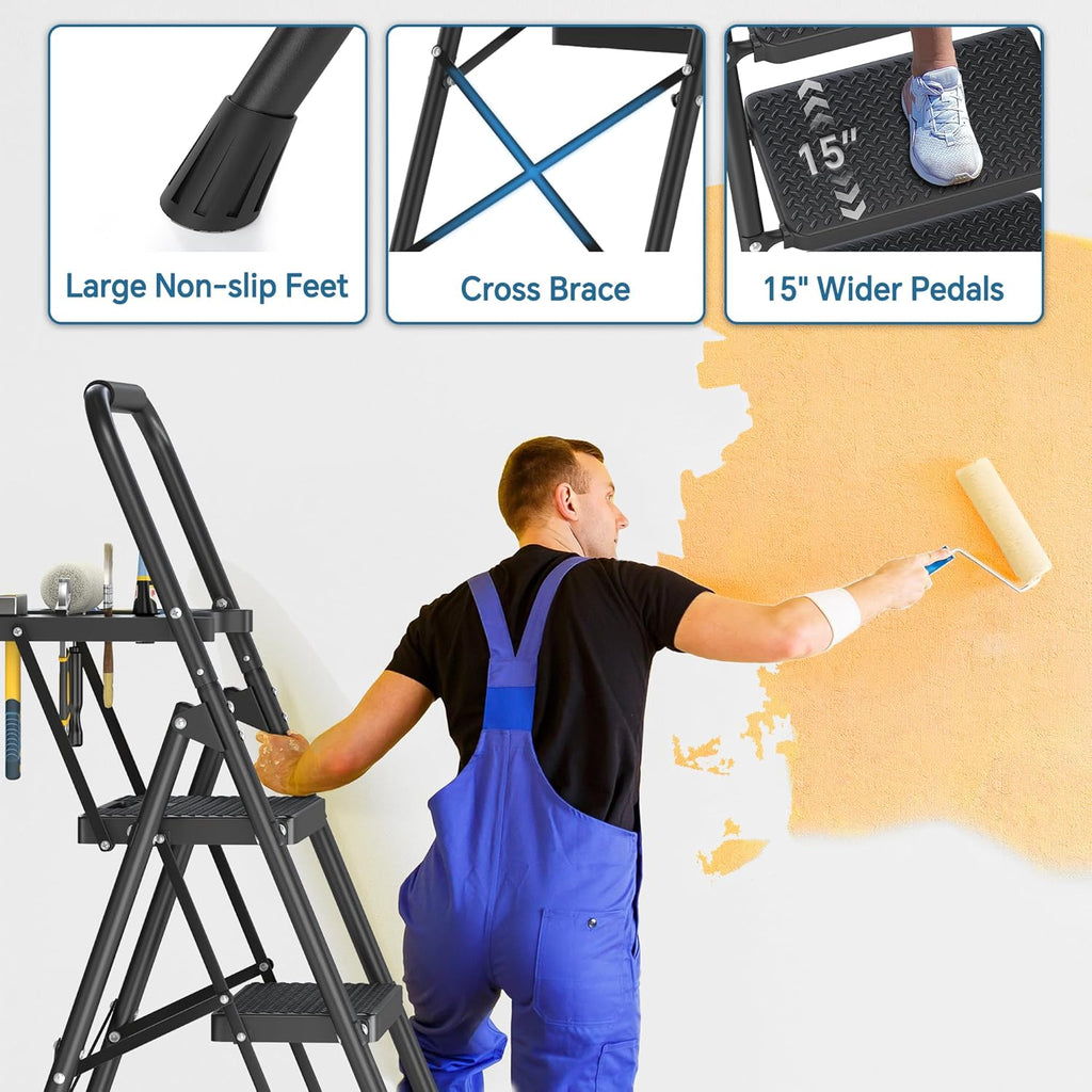 4 Step Ladder with Tool Platform, Folding Anti-Slip Steel Step Stool for Adults E949021