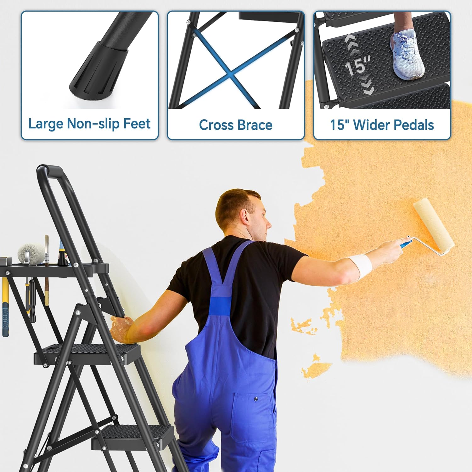 4 Step Ladder with Tool Platform, Folding Anti-Slip Steel Step Stool for Adults E949021