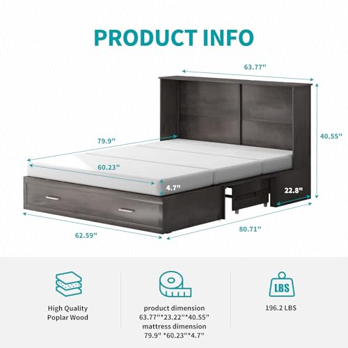 BALUS Murphy Cabinet Bed Queen with Charging Station, Tri-fold Memory Mattress, Storage Drawers, White Y6917