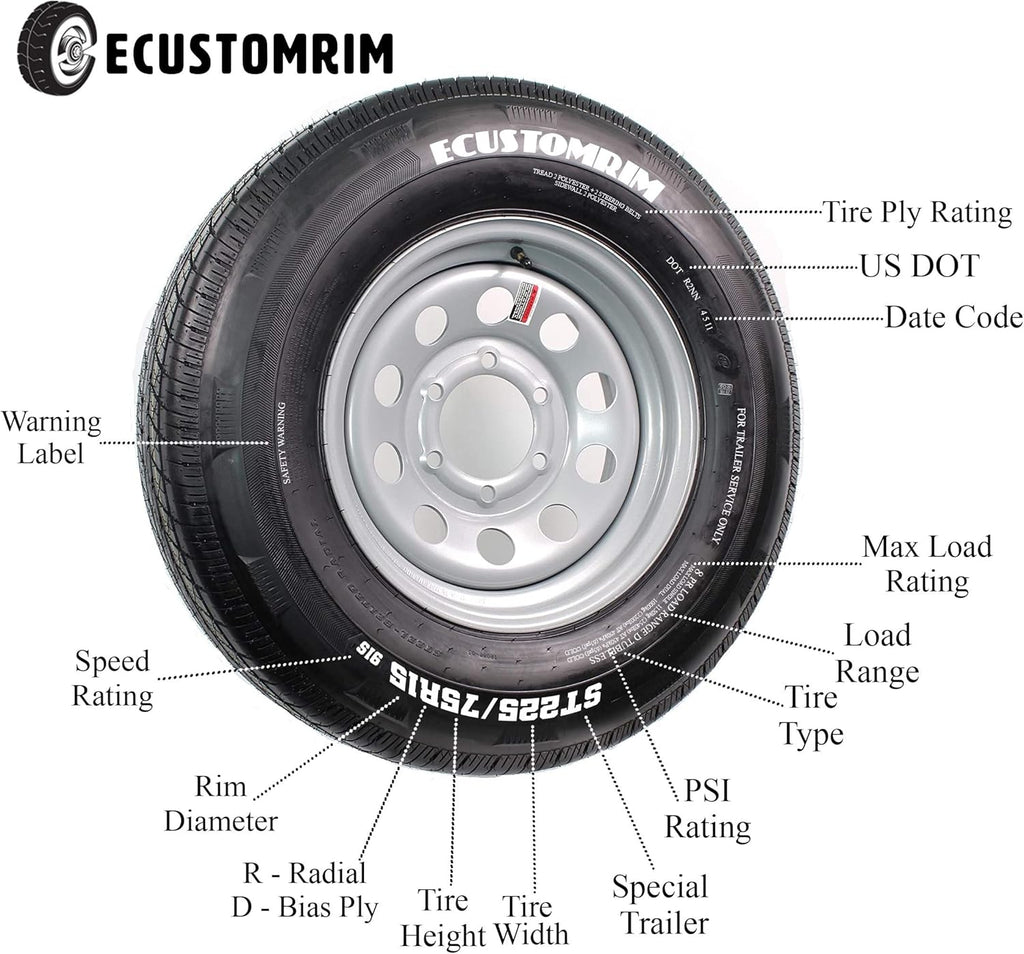 eCustomrim ST205/75R15 Radial Trailer Tire and Rim 15X5 5-4.5 White Spoke Wheel G504