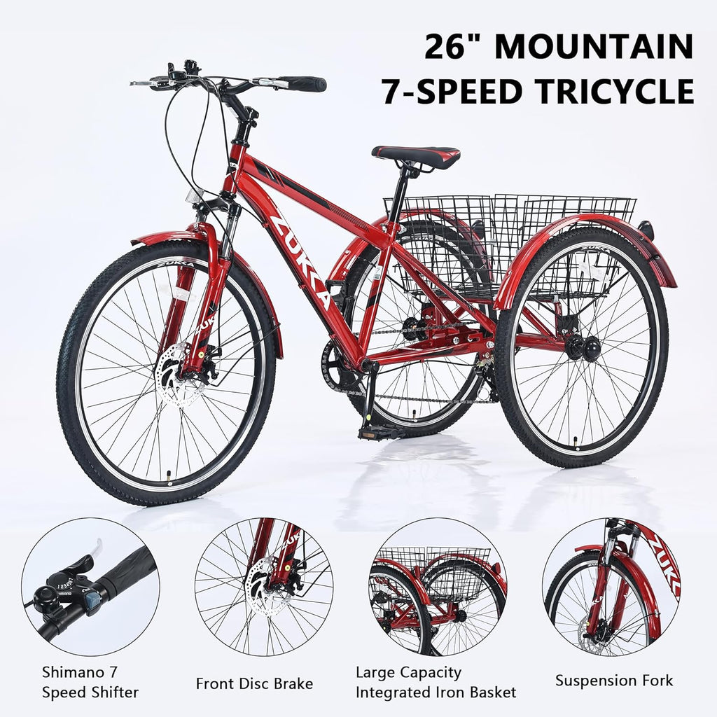 Adult Tricycle Bike 7-Speed 26-Inch 3-Wheel with Basket K73928