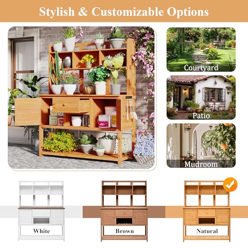 Outdoor Wooden Potting Bench Table with Drawers and Storage Shelves C672480