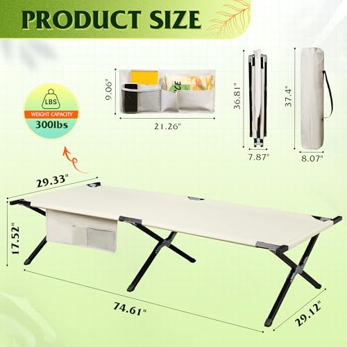 WLIVE Military Camping Cot, Portable Folding Cot with Carry Bag, Supports 300 Lbs, Silver Greige R758042