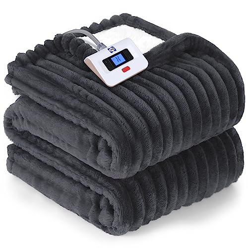 SEALY Electric Blanket Full Size, Soft Ribbed Flannel to Sherpa Reversible Heated Blanket with 10 Heat Settings & 1-12 Hours Auto-Off Overheat Protection, Machine Washable, 72"x84" Beige