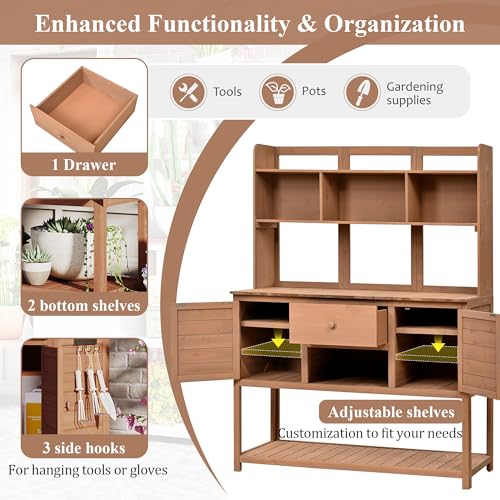 Outdoor Wooden Potting Bench Table with Drawers and Storage Shelves C672480