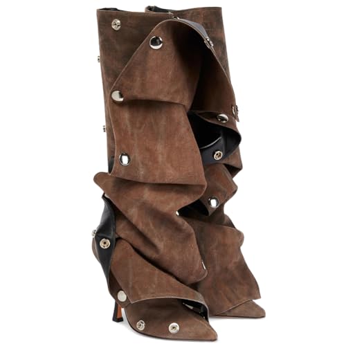 VOMIRA Women's Knee High Boots Stiletto Boots Pointed Toe High Heels Wide Calf Ruched Slouchy Boots Detachable Snap-off Panel Mid Calf Boots Black Boots