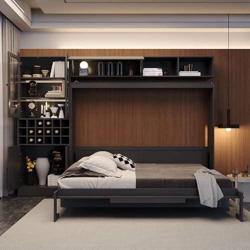 MERITLINE Queen Murphy Bed with Couch and Storage Shelves, LED Light, White J578